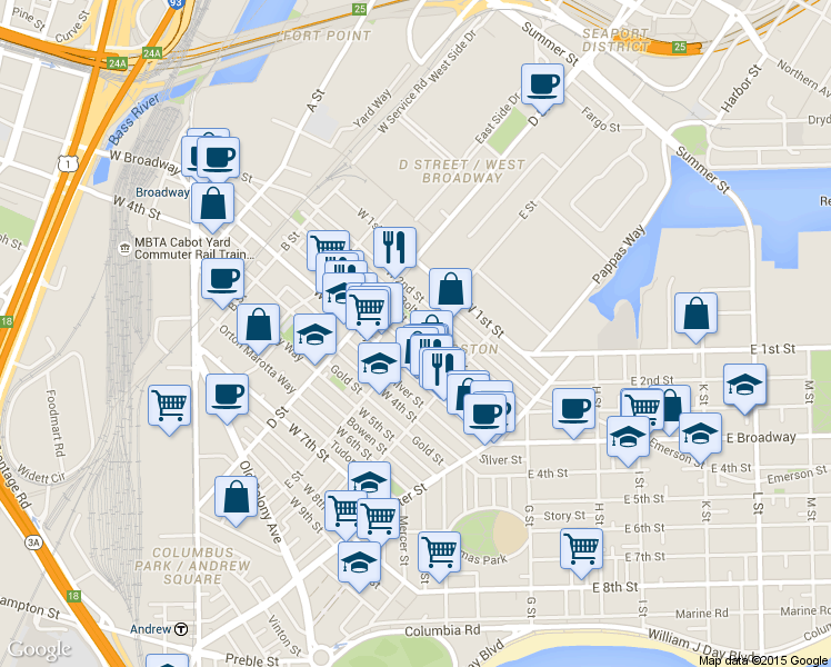 map of restaurants, bars, coffee shops, grocery stores, and more near 227 West 3rd Street in Boston