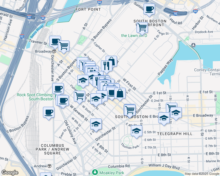 map of restaurants, bars, coffee shops, grocery stores, and more near 227 West 3rd Street in Boston