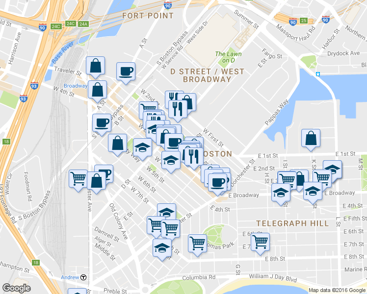 map of restaurants, bars, coffee shops, grocery stores, and more near 227 West 3rd Street in Boston