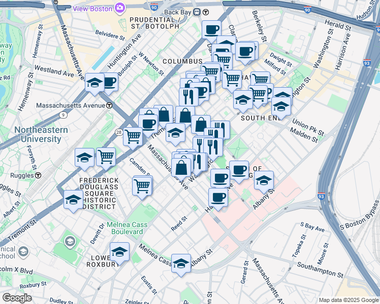 map of restaurants, bars, coffee shops, grocery stores, and more near 97 West Concord Street in Boston