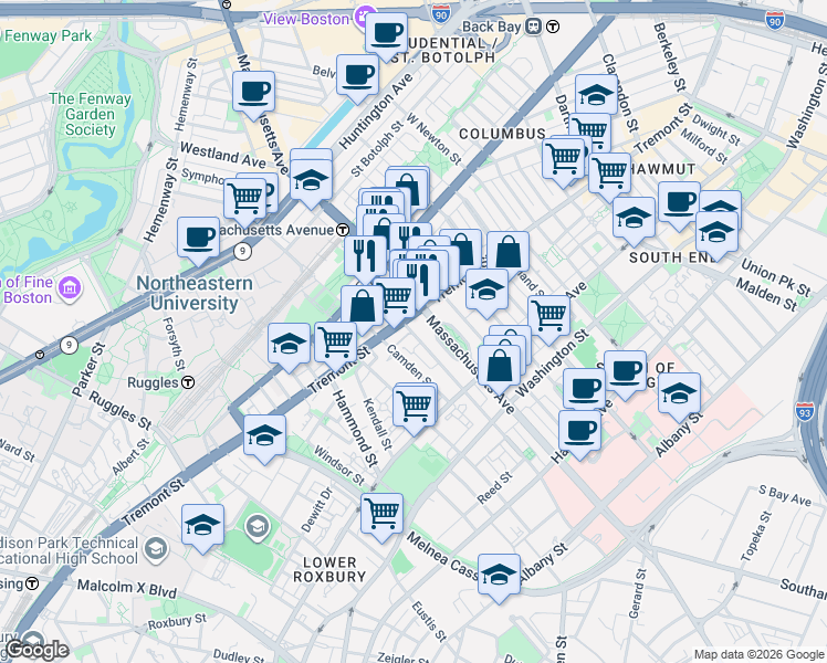 map of restaurants, bars, coffee shops, grocery stores, and more near 782-A-C Tremont Street in Boston