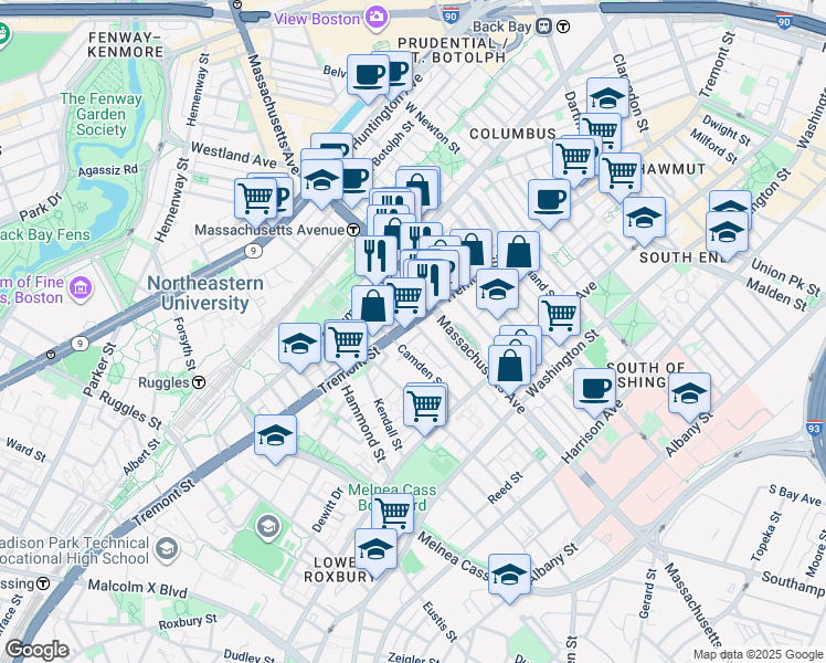 map of restaurants, bars, coffee shops, grocery stores, and more near in Boston