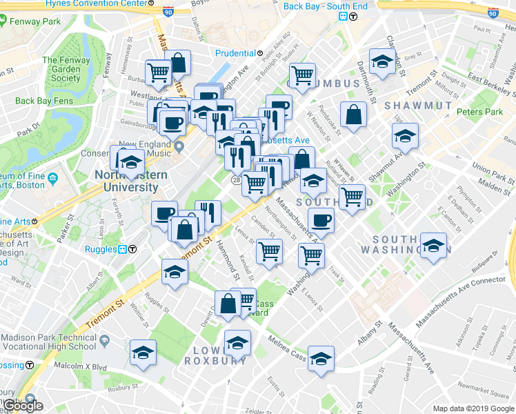 map of restaurants, bars, coffee shops, grocery stores, and more near 268-272 Northampton Street in Boston