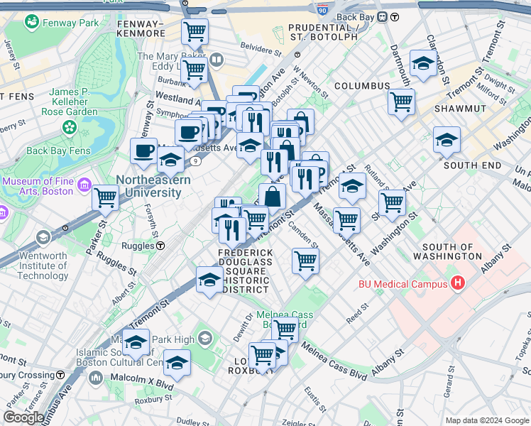 map of restaurants, bars, coffee shops, grocery stores, and more near in Boston