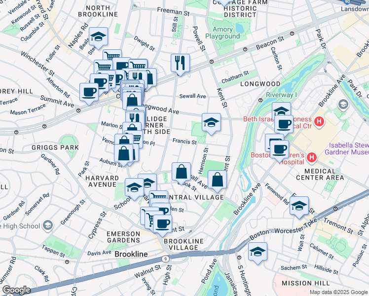 map of restaurants, bars, coffee shops, grocery stores, and more near 80 Francis Street in Brookline