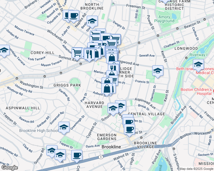 map of restaurants, bars, coffee shops, grocery stores, and more near 27 Vernon Street in Brookline