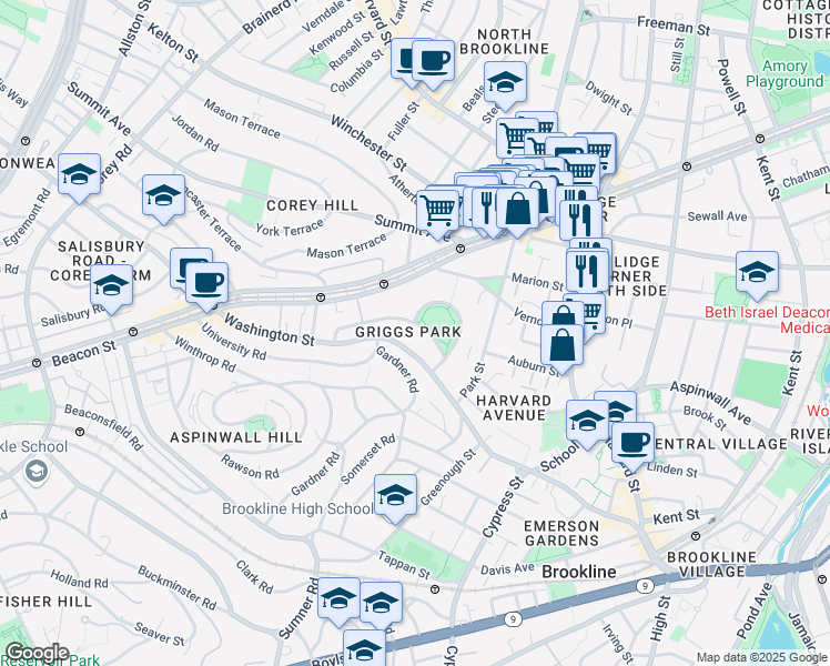 map of restaurants, bars, coffee shops, grocery stores, and more near 33 Griggs Road in Brookline