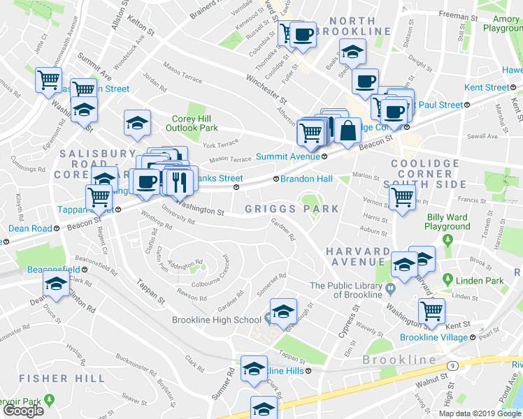 map of restaurants, bars, coffee shops, grocery stores, and more near 107 Griggs Road in Brookline