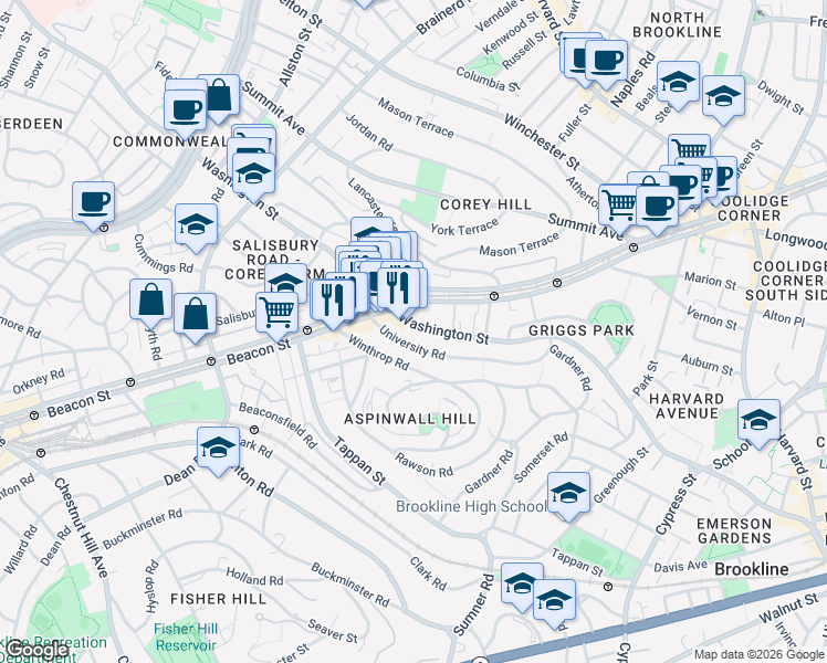map of restaurants, bars, coffee shops, grocery stores, and more near in Brookline