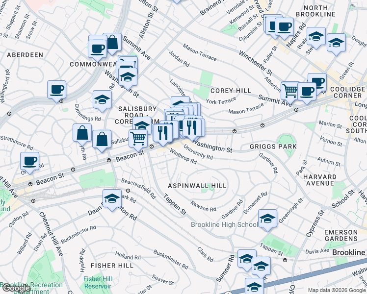 map of restaurants, bars, coffee shops, grocery stores, and more near in Brookline