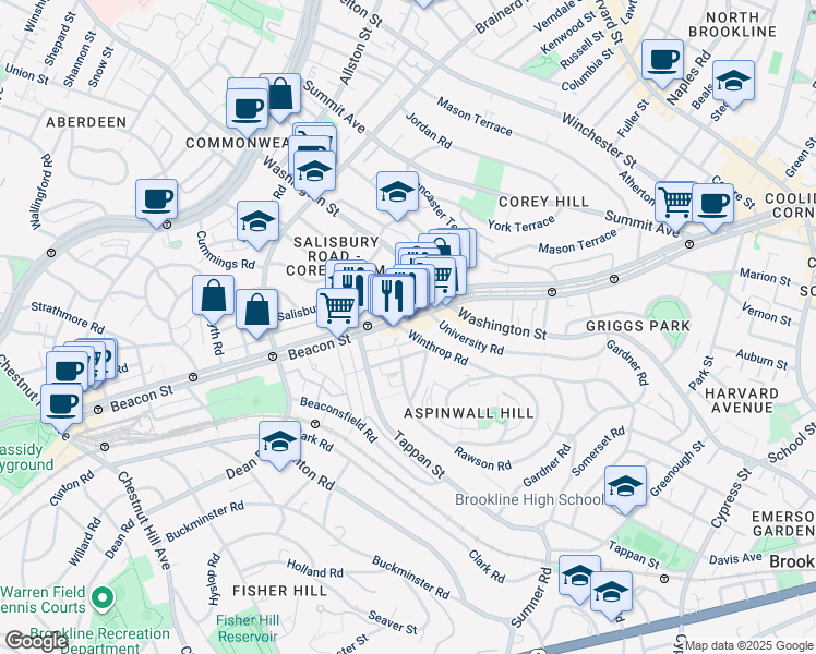 map of restaurants, bars, coffee shops, grocery stores, and more near 1674 Beacon Street in Brookline