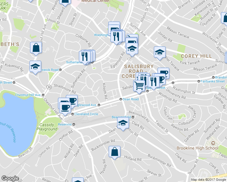 map of restaurants, bars, coffee shops, grocery stores, and more near 145 Salisbury Road in Brookline