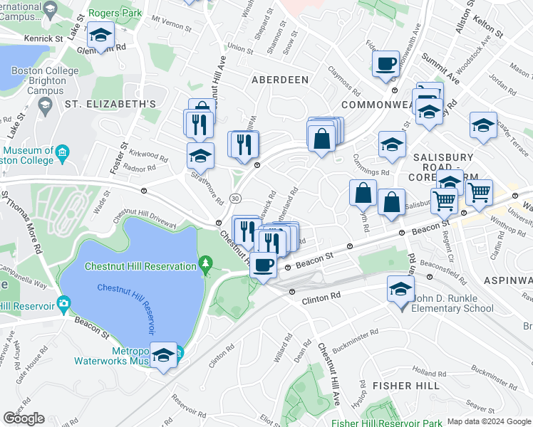 map of restaurants, bars, coffee shops, grocery stores, and more near 104 Strathmore Road in Boston