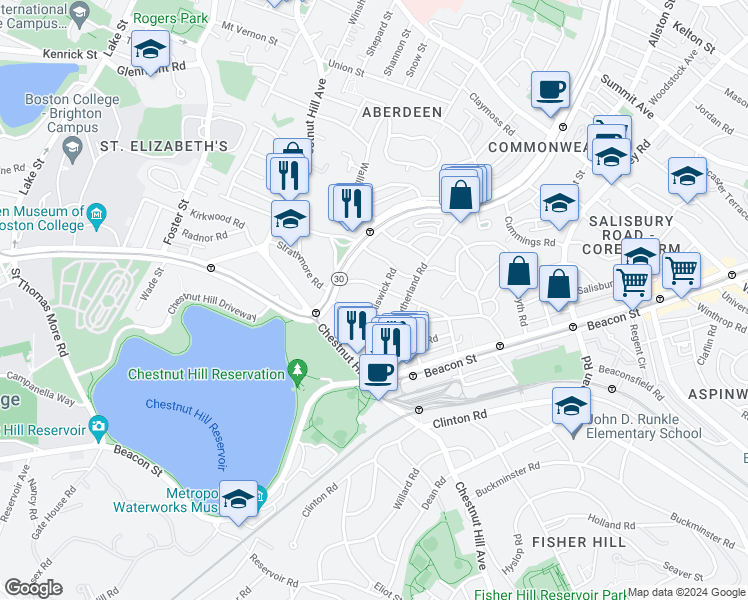 map of restaurants, bars, coffee shops, grocery stores, and more near 104 Strathmore Road in Boston