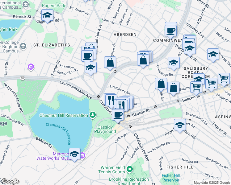 map of restaurants, bars, coffee shops, grocery stores, and more near 104 Strathmore Road in Boston