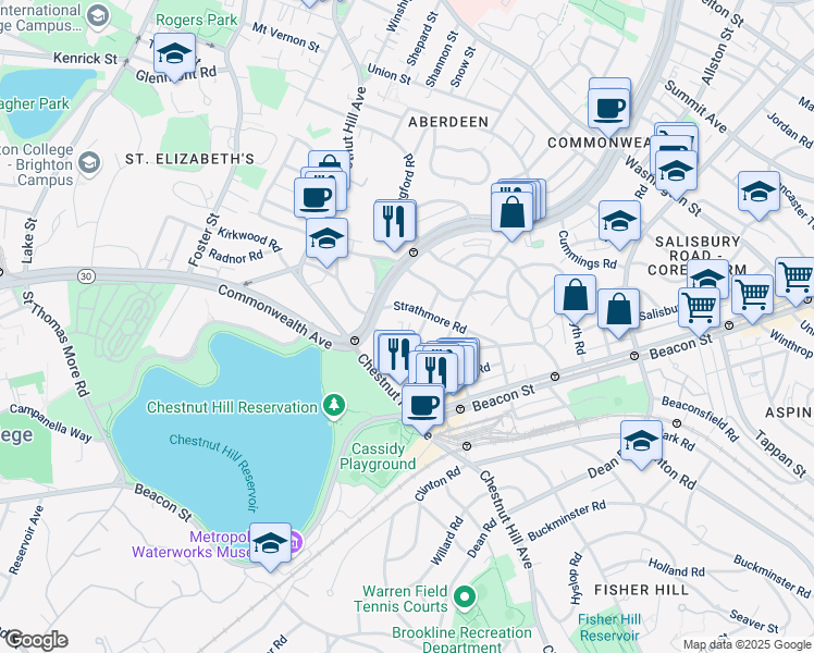 map of restaurants, bars, coffee shops, grocery stores, and more near 104 Strathmore Road in Boston