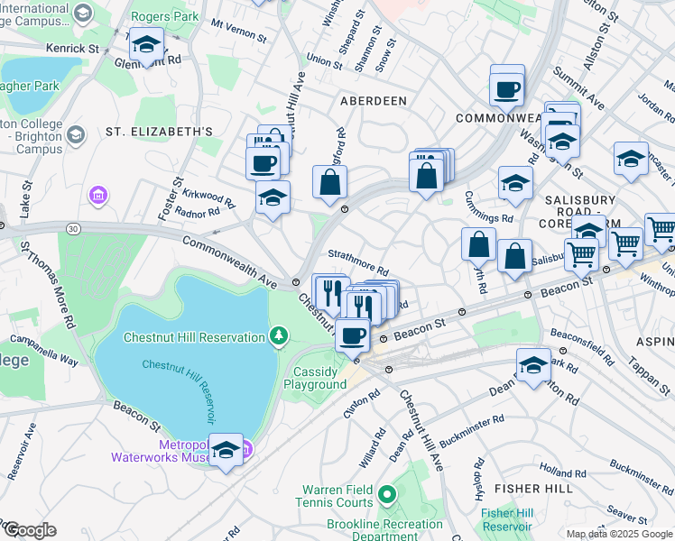 map of restaurants, bars, coffee shops, grocery stores, and more near 104 Strathmore Road in Boston