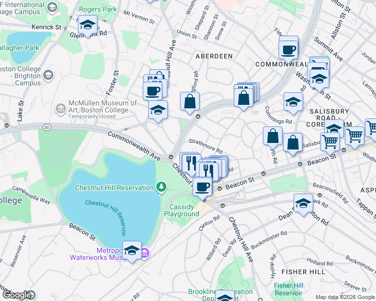 map of restaurants, bars, coffee shops, grocery stores, and more near 104 Strathmore Road in Boston