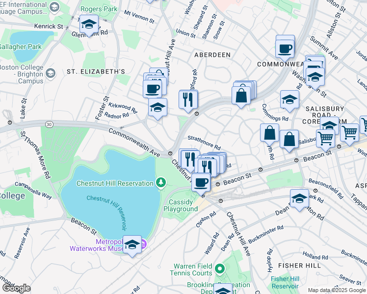 map of restaurants, bars, coffee shops, grocery stores, and more near 1848 Commonwealth Avenue in Boston