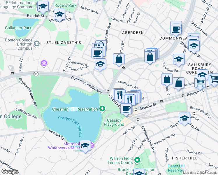 map of restaurants, bars, coffee shops, grocery stores, and more near 1848 Commonwealth Avenue in Boston