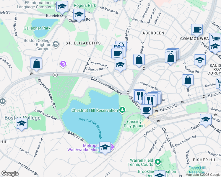 map of restaurants, bars, coffee shops, grocery stores, and more near 1931 Commonwealth Avenue in Boston