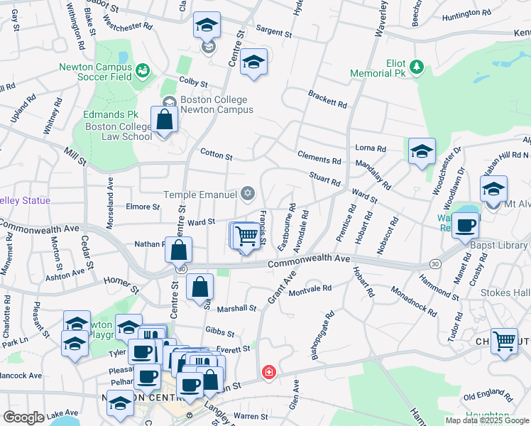 map of restaurants, bars, coffee shops, grocery stores, and more near 385 Ward Street in Newton