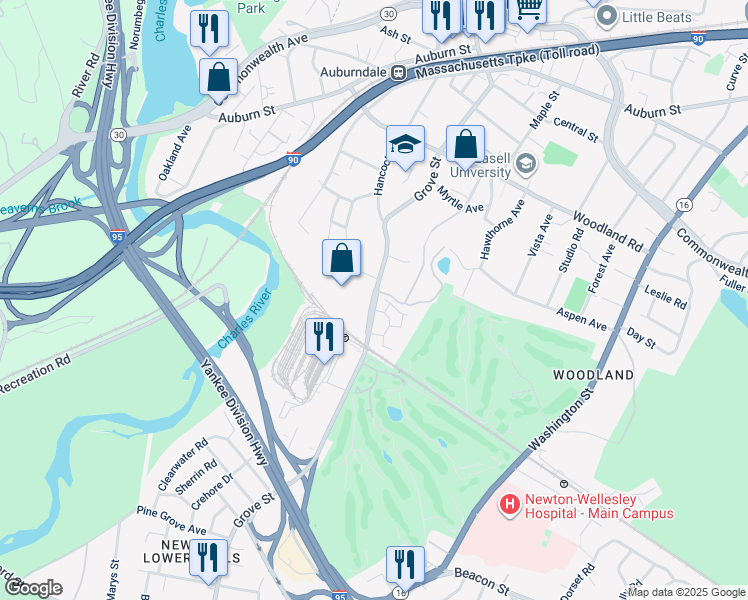 map of restaurants, bars, coffee shops, grocery stores, and more near 257 Grove Street in Newton