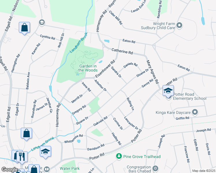 map of restaurants, bars, coffee shops, grocery stores, and more near 9 Arbetter Drive in Framingham