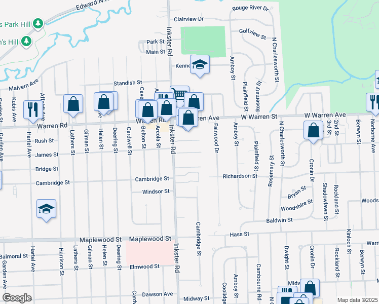map of restaurants, bars, coffee shops, grocery stores, and more near 7026 Inkster Road in Dearborn Heights