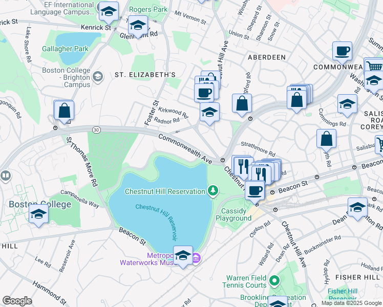map of restaurants, bars, coffee shops, grocery stores, and more near 1950 Commonwealth Avenue in Boston