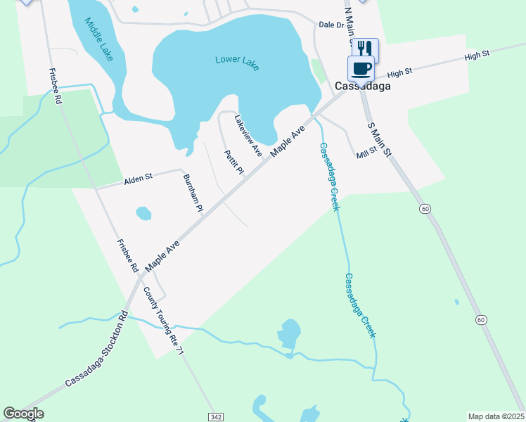 map of restaurants, bars, coffee shops, grocery stores, and more near 175 Maple Avenue in Cassadaga