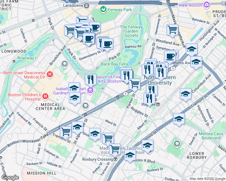 map of restaurants, bars, coffee shops, grocery stores, and more near Museum Road in Boston