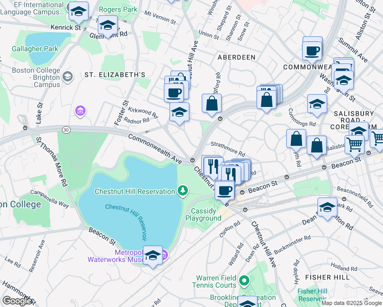 map of restaurants, bars, coffee shops, grocery stores, and more near 1848 Commonwealth Avenue in Boston