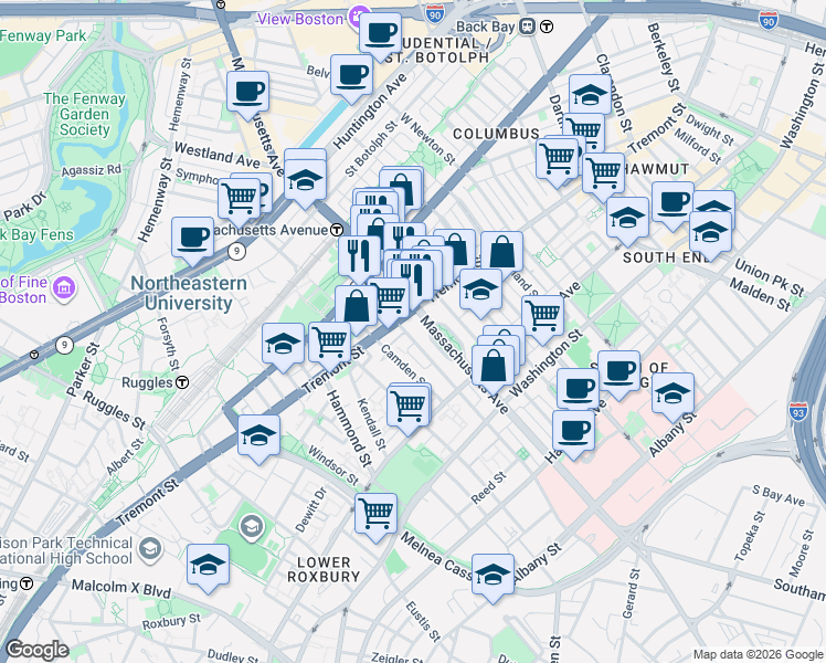 map of restaurants, bars, coffee shops, grocery stores, and more near 782-A-C Tremont Street in Boston