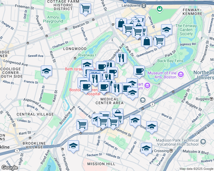 map of restaurants, bars, coffee shops, grocery stores, and more near 3 Blackfan Street in Boston