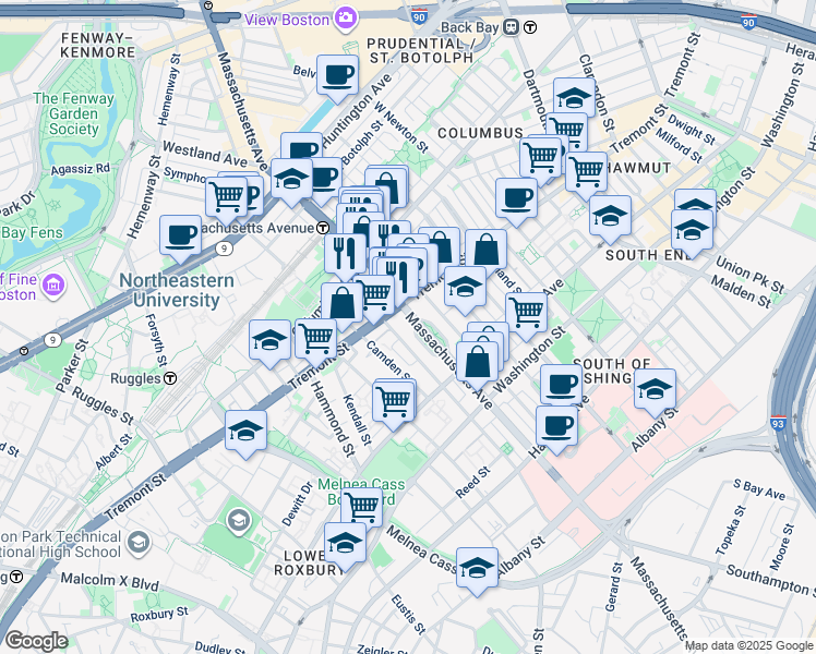 map of restaurants, bars, coffee shops, grocery stores, and more near 525 Massachusetts Avenue in Boston
