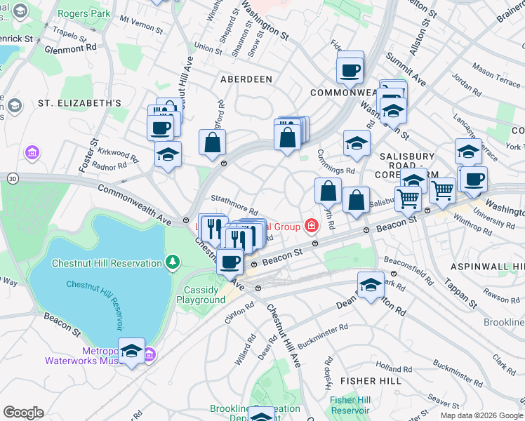 map of restaurants, bars, coffee shops, grocery stores, and more near 9 Kilsyth Terrace in Boston