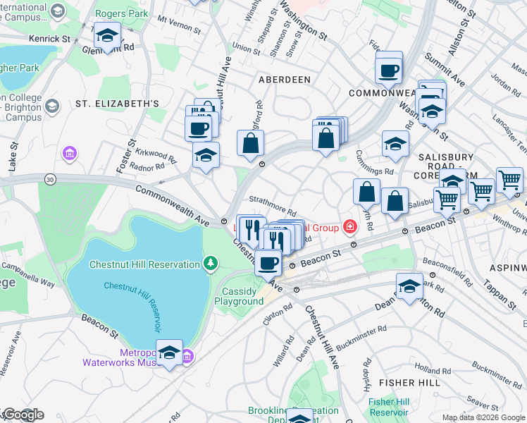 map of restaurants, bars, coffee shops, grocery stores, and more near 104 Strathmore Road in Boston