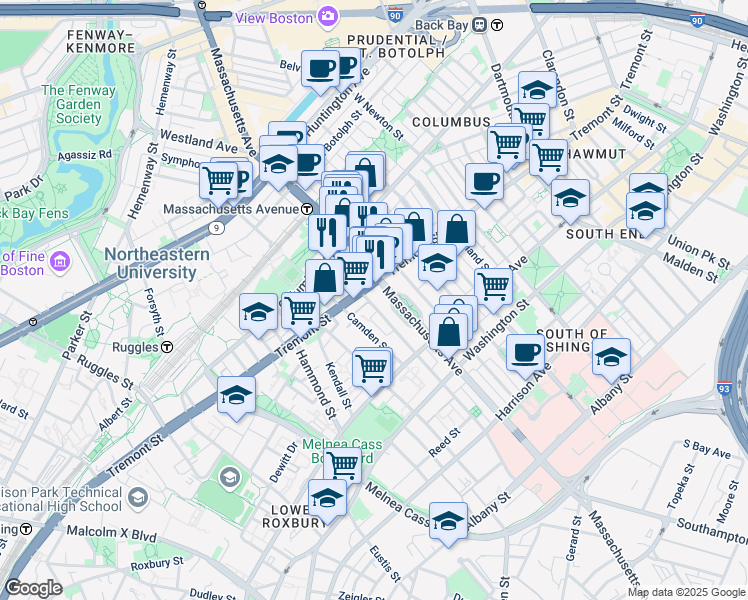 map of restaurants, bars, coffee shops, grocery stores, and more near 233 Northampton Street in Boston