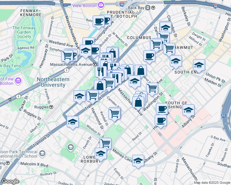 map of restaurants, bars, coffee shops, grocery stores, and more near 233 Northampton Street in Boston