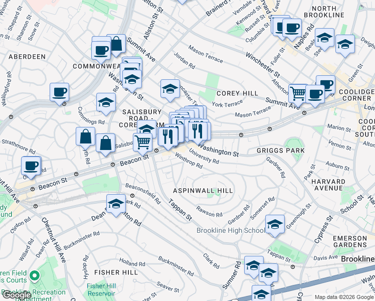 map of restaurants, bars, coffee shops, grocery stores, and more near 1629 Beacon Street in Brookline