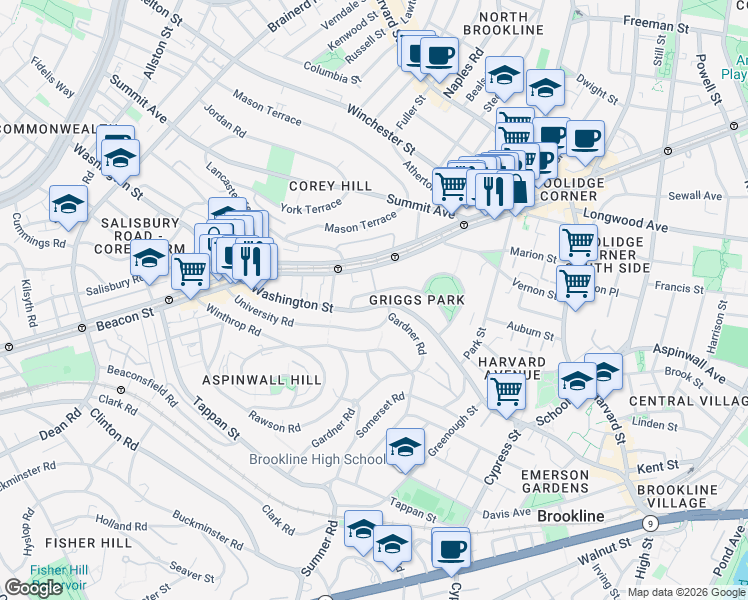 map of restaurants, bars, coffee shops, grocery stores, and more near 107 Griggs Road in Brookline