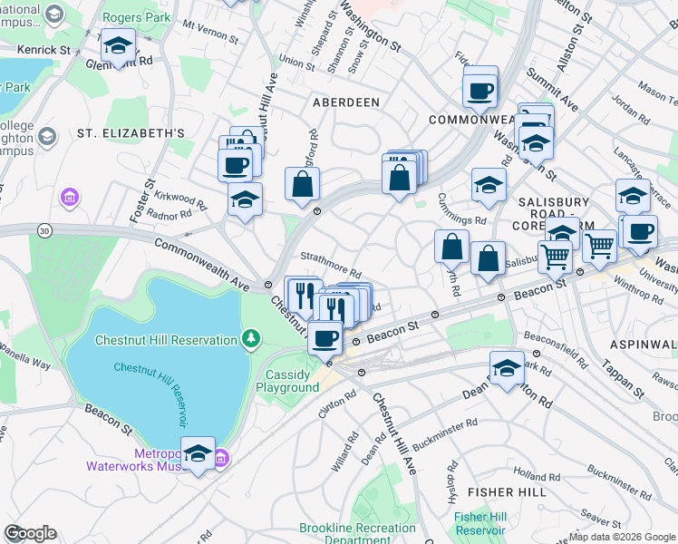 map of restaurants, bars, coffee shops, grocery stores, and more near 84 Strathmore Road in Boston