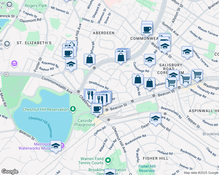 map of restaurants, bars, coffee shops, grocery stores, and more near 65 Strathmore Road in Boston