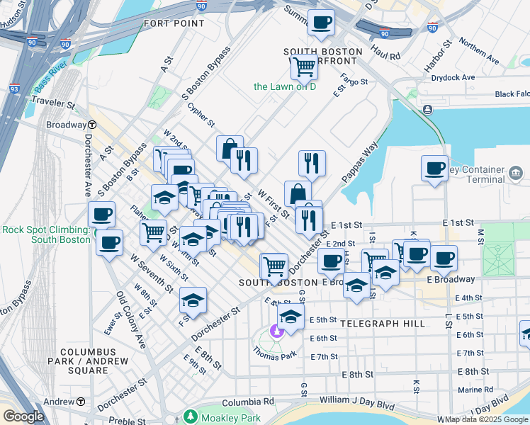 map of restaurants, bars, coffee shops, grocery stores, and more near 333 West First Street in Boston