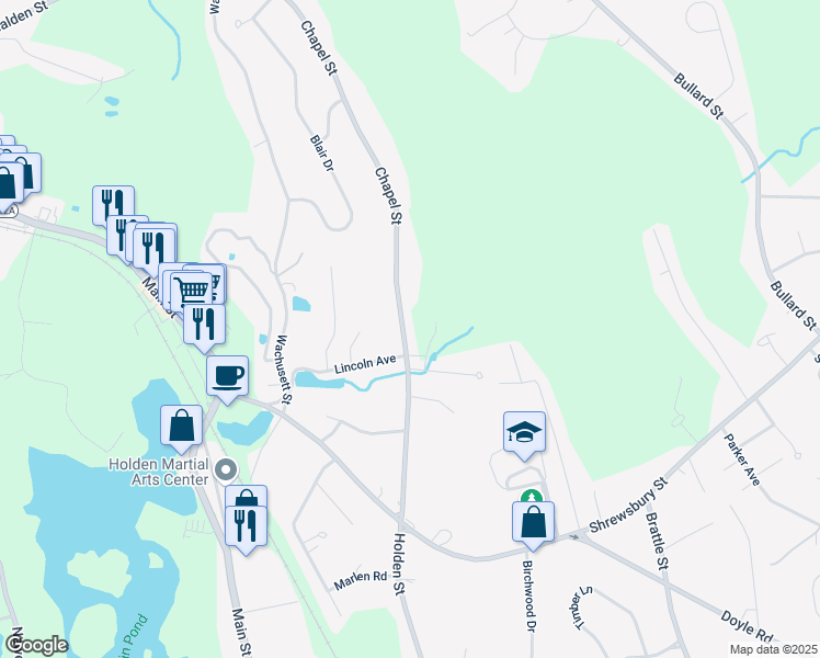 map of restaurants, bars, coffee shops, grocery stores, and more near 145 Chapel Street in Holden