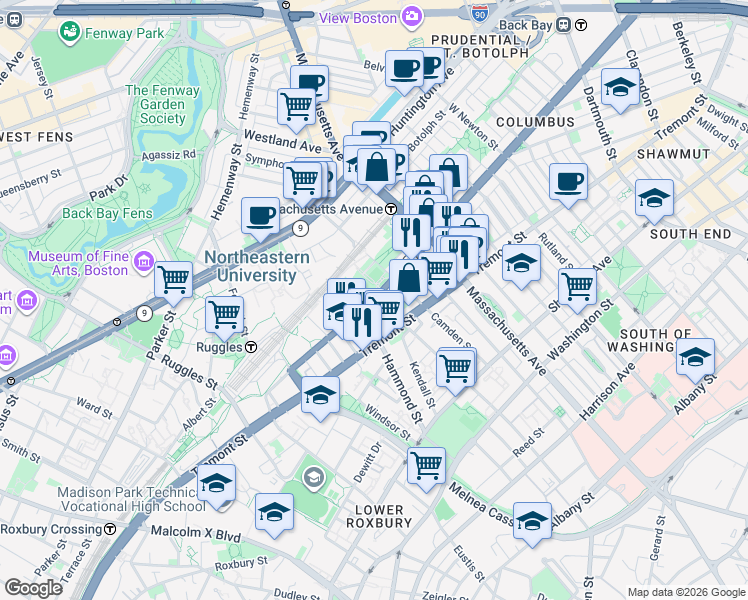 map of restaurants, bars, coffee shops, grocery stores, and more near in Boston