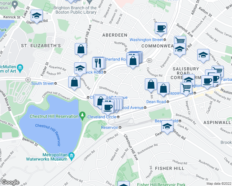 map of restaurants, bars, coffee shops, grocery stores, and more near Strathmore Rd & Sutherland Rd in Boston