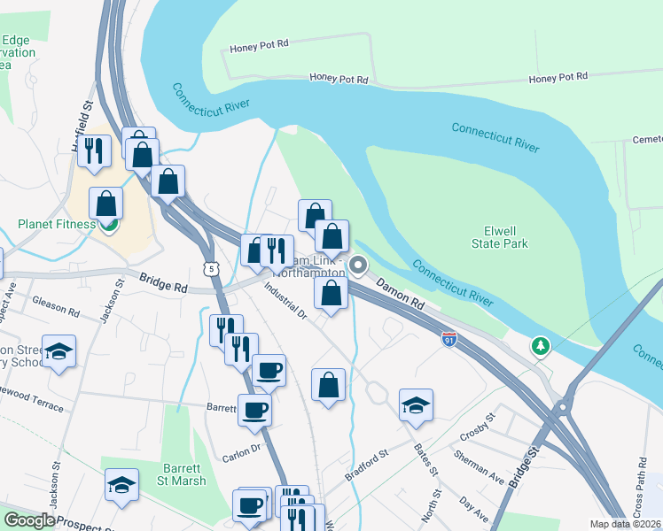 map of restaurants, bars, coffee shops, grocery stores, and more near 137 Damon Road in Northampton