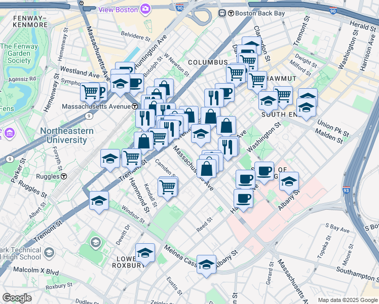 map of restaurants, bars, coffee shops, grocery stores, and more near 542 Massachusetts Avenue in Boston